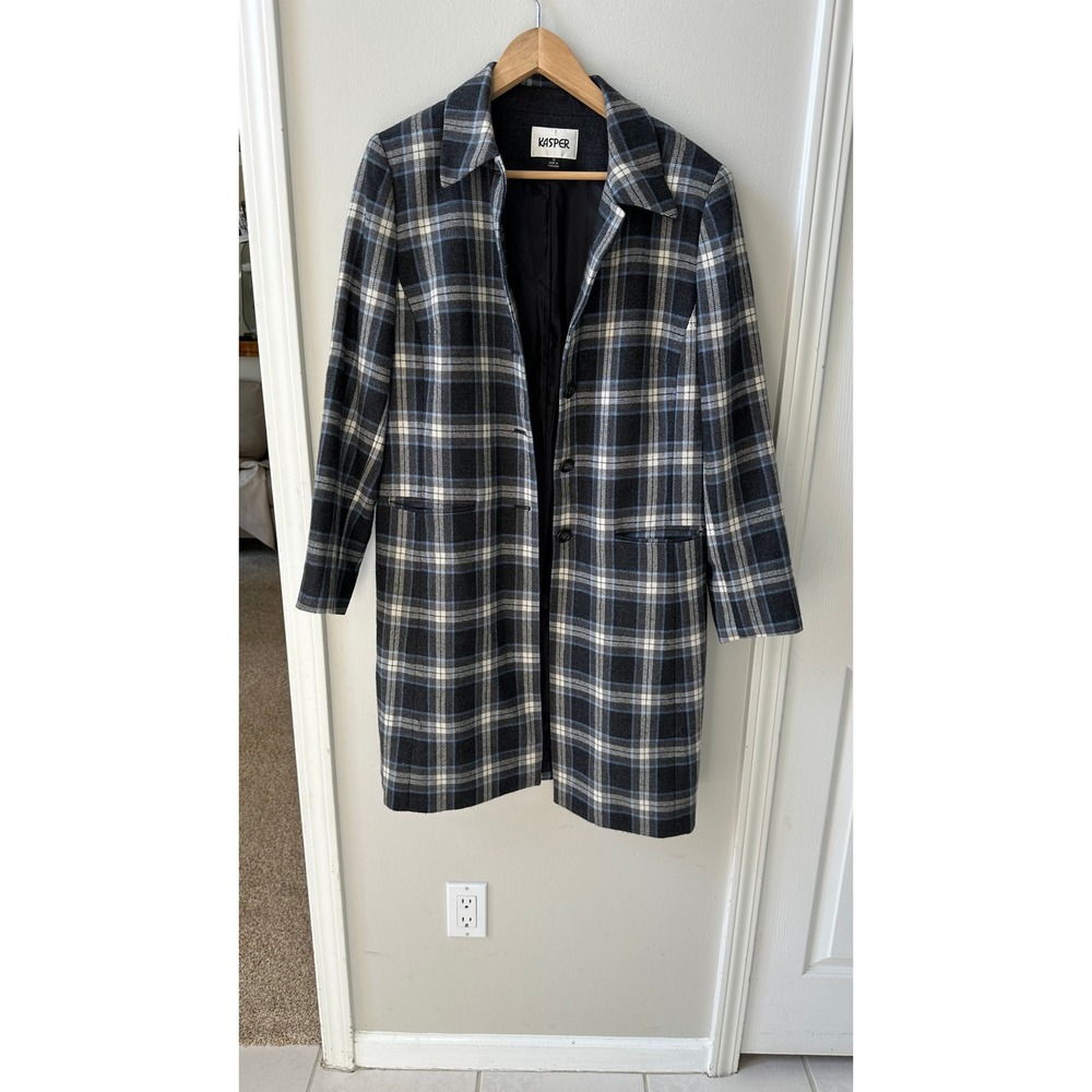 Kasper 100% Wool Plaid Longline Coat Navy Grey Size 12 Button Front Jacket - Picture 1 of 4